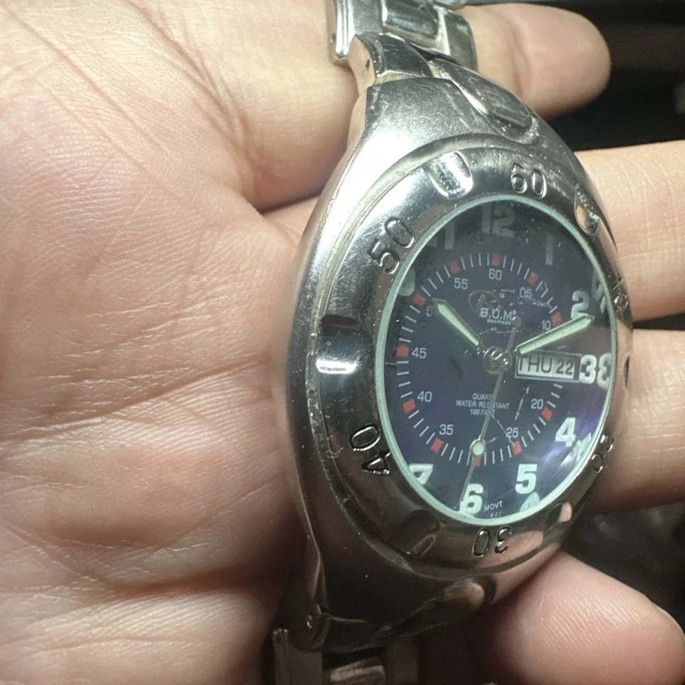 Working B.U.M Equipment Purple Dial Silver Tone Mens Watch Lume‎ 39mm Fit 7.5in